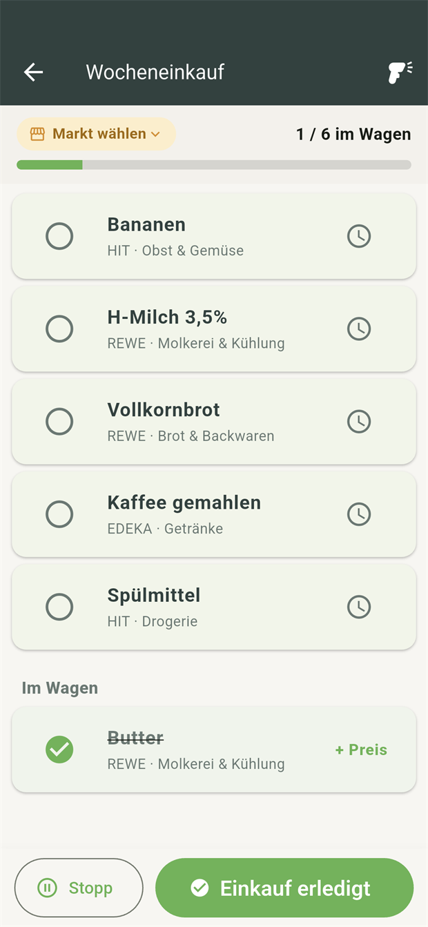 Einkaufsmodus mit Abhaken und Fortschritt im Wagen